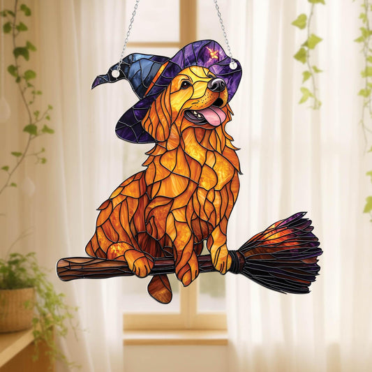 Halloween Witch Dog Window Hanging – Flying Golden Retriever Decor for Dog Lovers, Cute Spooky Fall Gift, Whimsical Pet Accent for Home