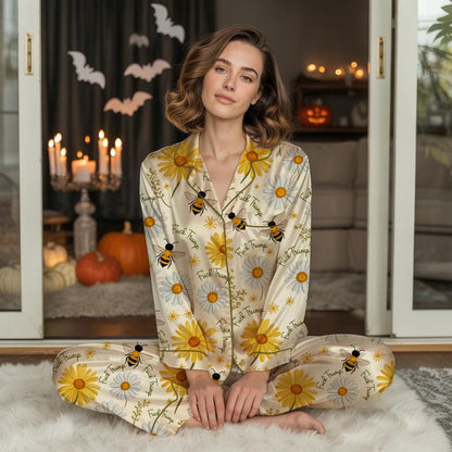 Subtle F*ck Trump Bee and Floral Pajama Set, Floral and Bee Pajama Set, Summer Vibes Sleepwear,4687, Anti Trump Sleepwear,  Hidden Swear Pjs