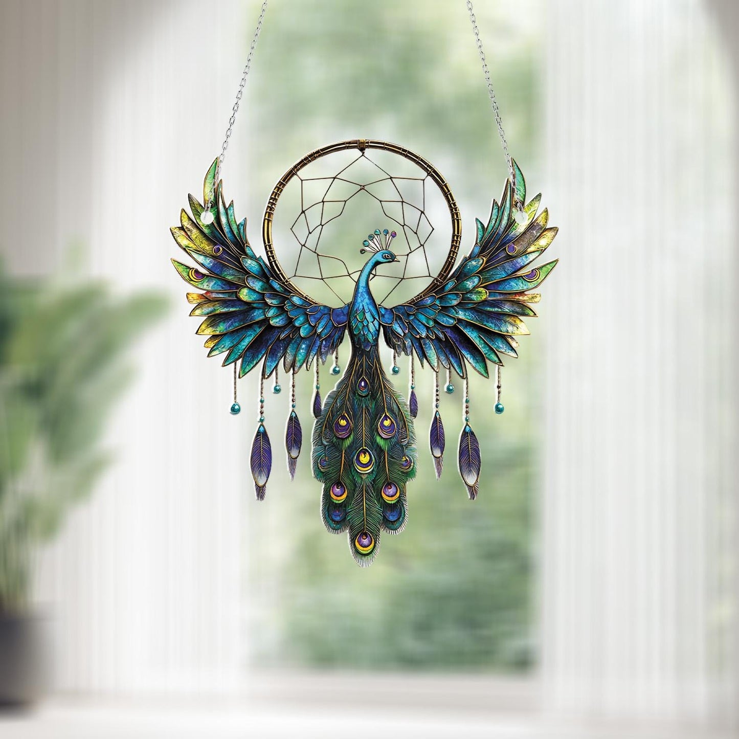 Peacock Dreamcatcher Window Hanging – Elegant Blue and Green Feathered Bird Decor for Spiritual Homes, Boho Rooms, or Meaningful Gifts