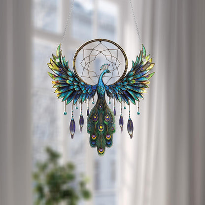 Peacock Dreamcatcher Window Hanging – Elegant Blue and Green Feathered Bird Decor for Spiritual Homes, Boho Rooms, or Meaningful Gifts