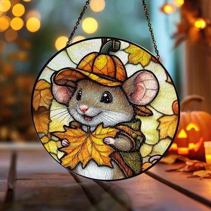 Mouse Stained Glass Suncatcher, Cute Autumn Window Hanging with Pumpkin Hat and Fall Leaves, Woodland Animal Decor for Home and Gift