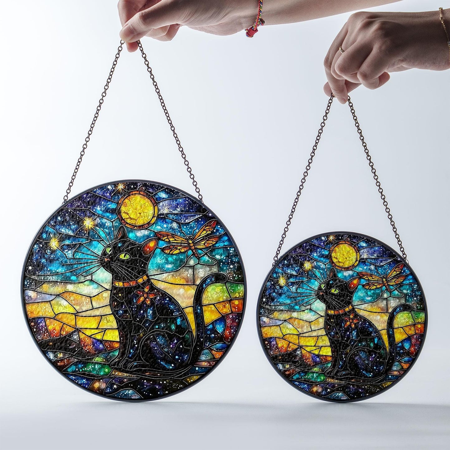 Black Cat Stained Glass Suncatcher, Cosmic Window Hanging with Stars, Moon and Dragonfly, Mystical Galaxy Decor for Home and Cat Lovers Gift