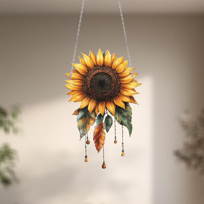 CoSunflower Window Hanging – Cheerful Floral Home Decor with Beads and Leaves, Perfect for Nature Lovers, Kitchen Windows, or Rustic Gifts