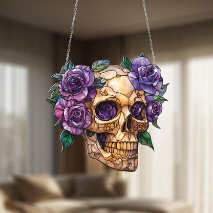 Skull with Purple Roses Window Hanging, Gothic Floral Home Decor, Unique Boho Chic Decoration