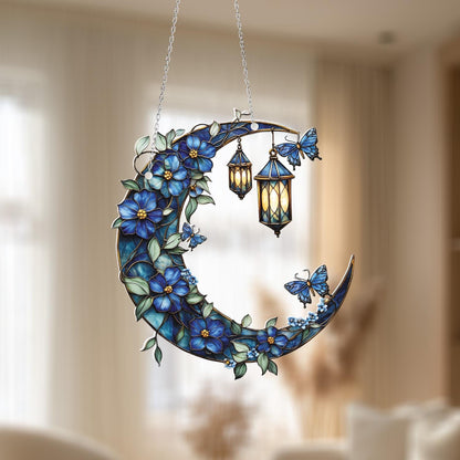 Blue Moon and Lantern Window Hanging, Floral Dreamy Home Decor, Butterfly and Flower Accent Decoration