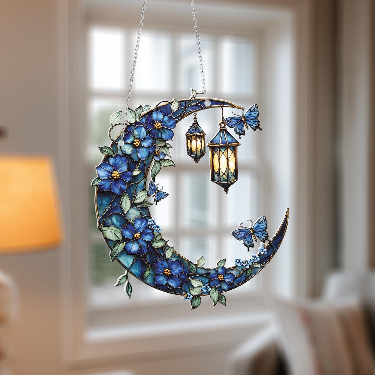 Blue Moon and Lantern Window Hanging, Floral Dreamy Home Decor, Butterfly and Flower Accent Decoration