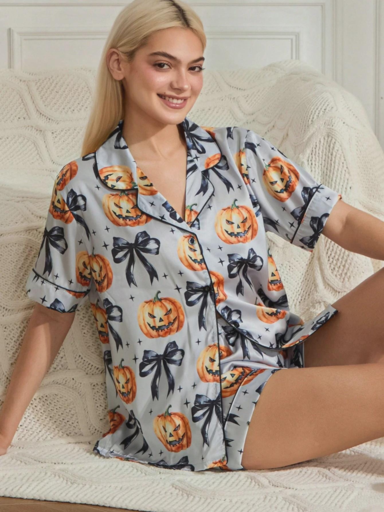 Women Halloween Pajamas Set Cute Pumpkin Ghost Print  Pajamas Set