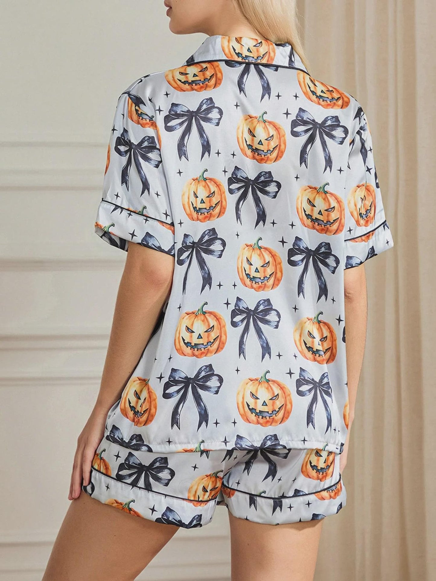 Women Halloween Pajamas Set Cute Pumpkin Ghost Print  Pajamas Set
