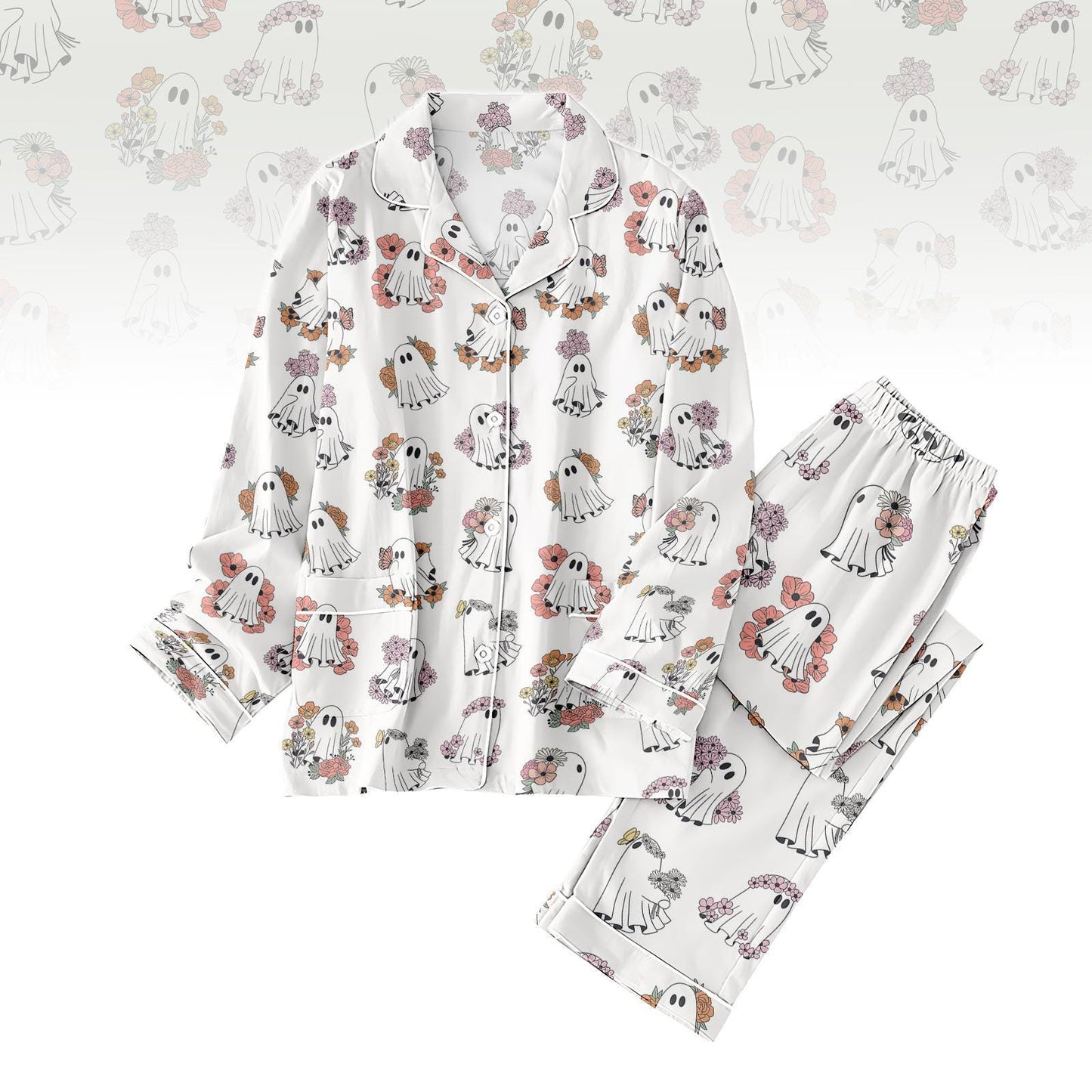 Cute Halloween Boo Floral Pajamas Set, Spooky Ghost Pajamas For Women, Halloween Season Pajamas Family, Cute Halloween Pajamas