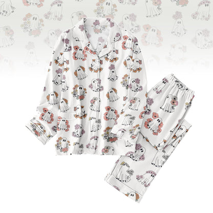 Cute Halloween Boo Floral Pajamas Set, Spooky Ghost Pajamas For Women, Halloween Season Pajamas Family, Cute Halloween Pajamas