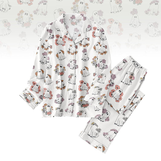 Cute Halloween Boo Floral Pajamas Set, Spooky Ghost Pajamas For Women, Halloween Season Pajamas Family, Cute Halloween Pajamas