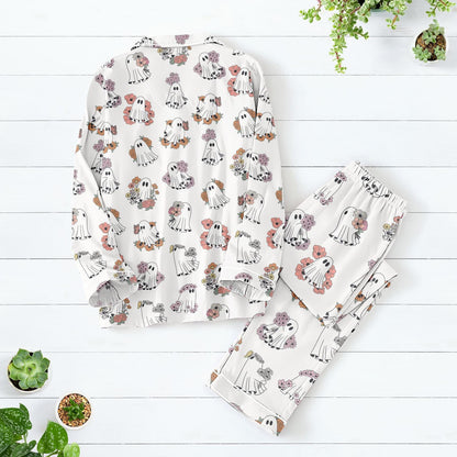 Cute Halloween Boo Floral Pajamas Set, Spooky Ghost Pajamas For Women, Halloween Season Pajamas Family, Cute Halloween Pajamas