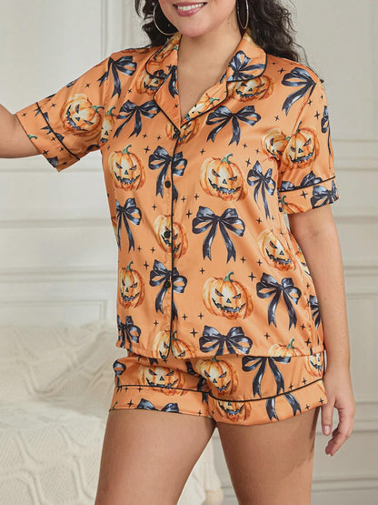 Women Halloween Pajamas Set Cute Pumpkin Ghost Print Color Orange  Pajamas Set