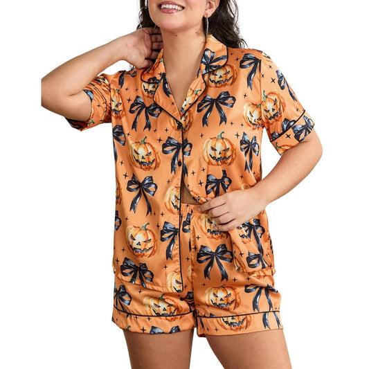 Women Halloween Pajamas Set Cute Pumpkin Ghost Print Color Orange  Pajamas Set