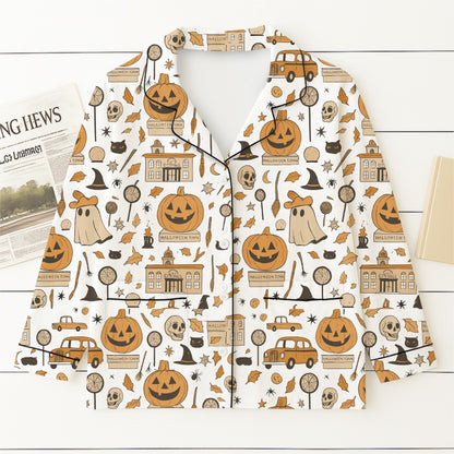 Halloween Town Pumpkin Pajamas Set, Ghost Pumpkin Witch Sleepwear, Halloween Pattern Loungewear, Spooky Season Gift, Halloween Gift