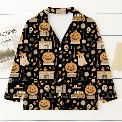 Halloween Town Pumpkin Pajamas Set, Ghost Pumpkin Witch Sleepwear, Halloween Pattern Loungewear, Spooky Season Gift, Halloween Gift