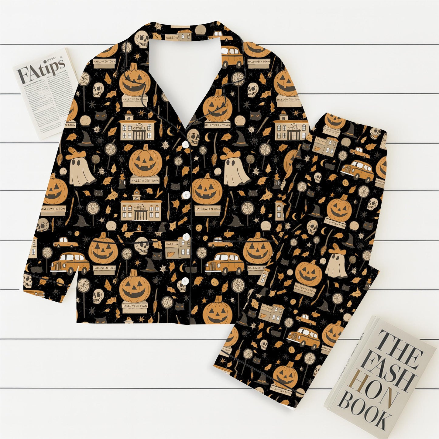 Halloween Town Pumpkin Pajamas Set, Ghost Pumpkin Witch Sleepwear, Halloween Pattern Loungewear, Spooky Season Gift, Halloween Gift