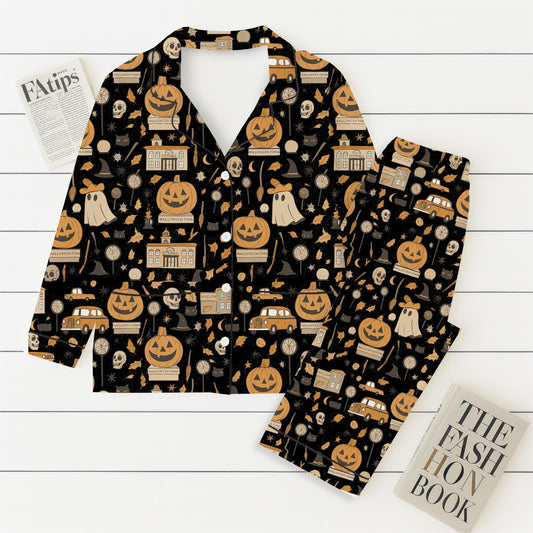 Halloween Town Pumpkin Pajamas Set, Ghost Pumpkin Witch Sleepwear, Halloween Pattern Loungewear, Spooky Season Gift, Halloween Gift