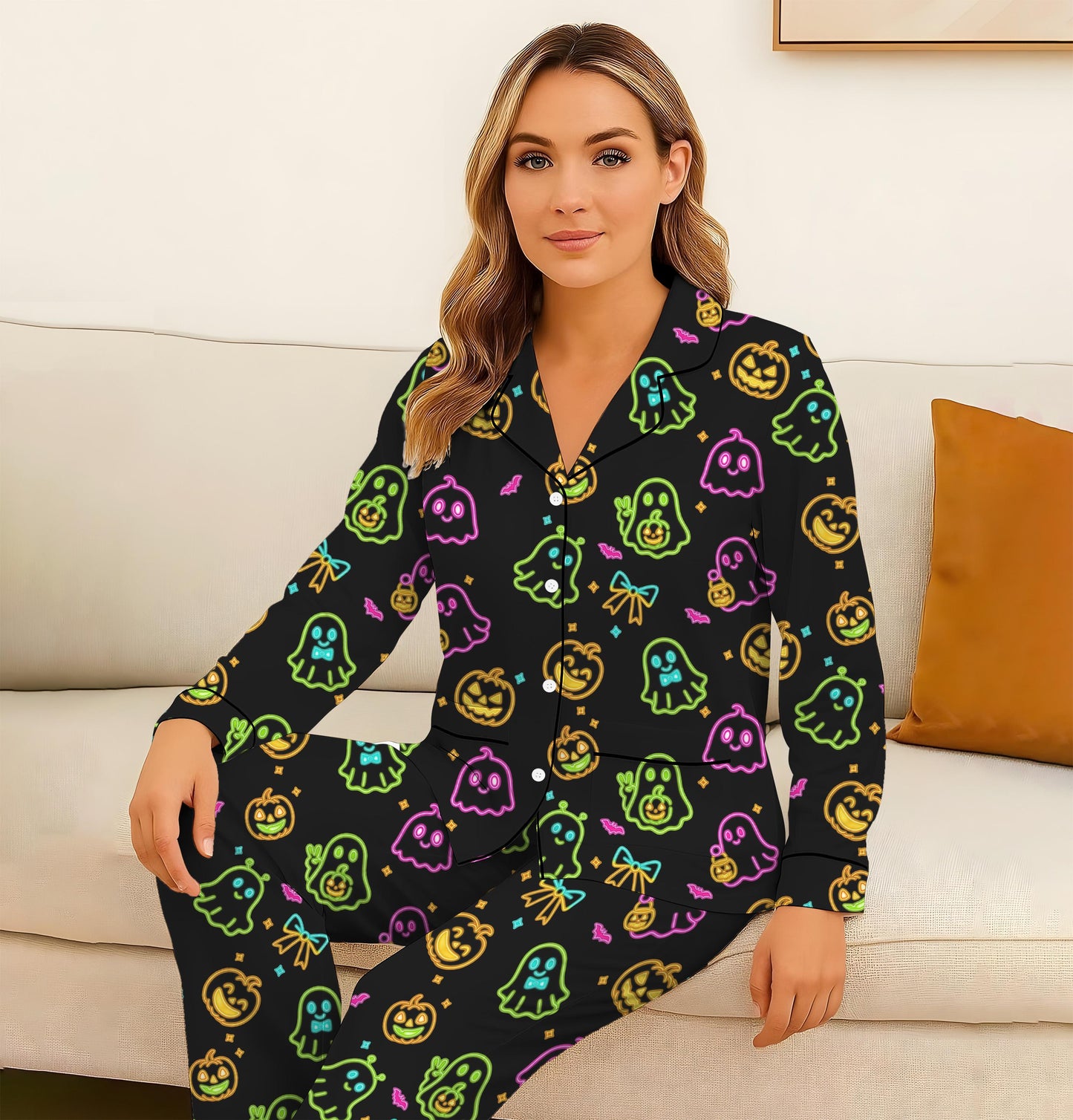 Halloween Neon Ghost And Pumpkin Pajamas Set, Cute Boo Sleepwear, Cozy Loungewear, Spooky Season Gift, Black Homewear, Halloween Gift