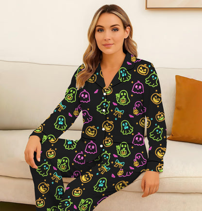 Halloween Neon Ghost And Pumpkin Pajamas Set, Cute Boo Sleepwear, Cozy Loungewear, Spooky Season Gift, Black Homewear, Halloween Gift