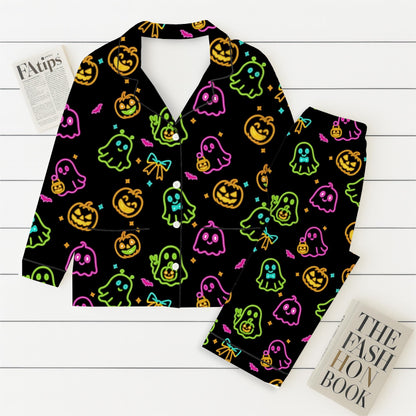 Halloween Neon Ghost And Pumpkin Pajamas Set, Cute Boo Sleepwear, Cozy Loungewear, Spooky Season Gift, Black Homewear, Halloween Gift