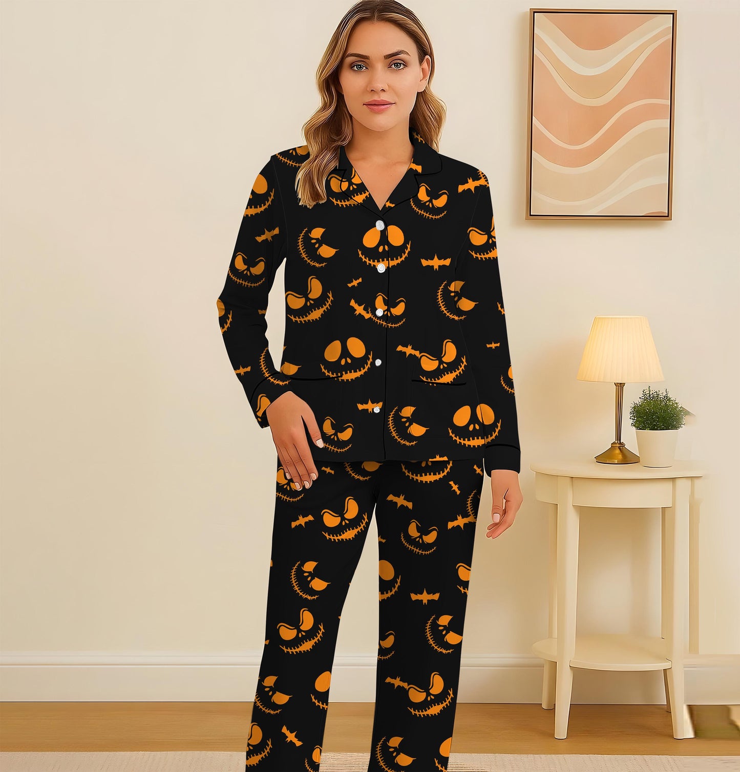 Halloween Spooky Pumpkin Face Pajamas Set, Scary Pumpkin Sleepwear, Cozy Loungewear, Spooky Season Gift, Halloween Gift