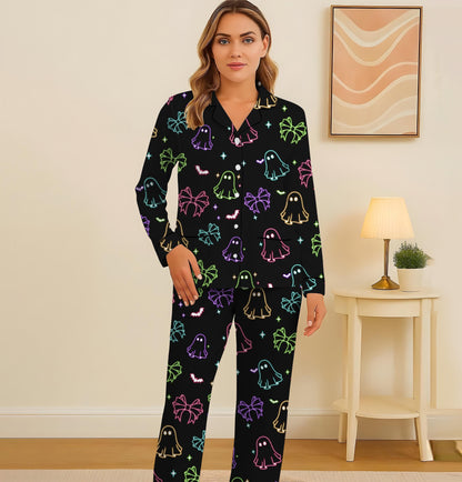 Halloween Neon Ghost And Bow Pajamas Set, Coquette Bow Sleepwear, Halloween Ghost Homewear, Spooky Season Gift, Halloween Gift