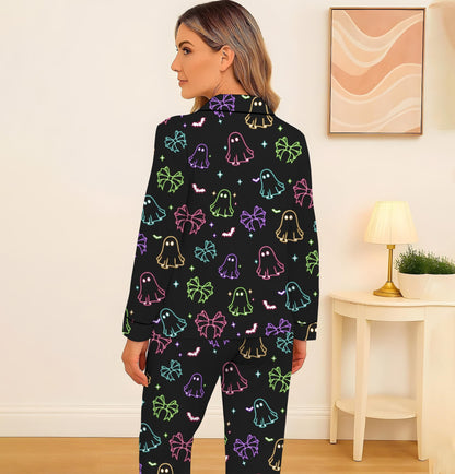 Halloween Neon Ghost And Bow Pajamas Set, Coquette Bow Sleepwear, Halloween Ghost Homewear, Spooky Season Gift, Halloween Gift