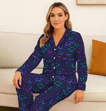 Halloween Neon Pumpkin Witch Bat Pajamas Set, Spooky Pumpkin and Bat Sleepwear, Halloween Pattern Homewear, Blue Purple Pjs, Halloween Gift