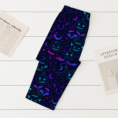 Halloween Neon Pumpkin Witch Bat Pajamas Set, Spooky Pumpkin and Bat Sleepwear, Halloween Pattern Homewear, Blue Purple Pjs, Halloween Gift