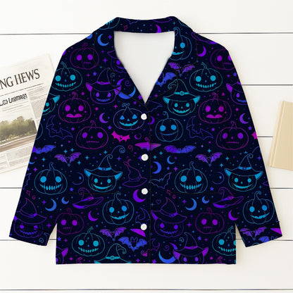 Halloween Neon Pumpkin Witch Bat Pajamas Set, Spooky Pumpkin and Bat Sleepwear, Halloween Pattern Homewear, Blue Purple Pjs, Halloween Gift
