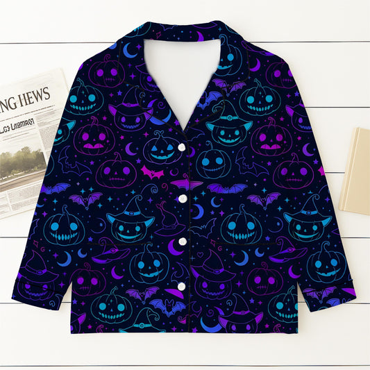 Halloween Neon Pumpkin Witch Bat Pajamas Set, Spooky Pumpkin and Bat Sleepwear, Halloween Pattern Homewear, Blue Purple Pjs, Halloween Gift
