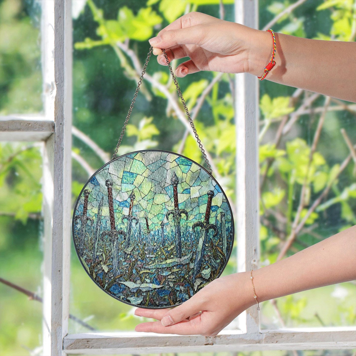 Sword field stained glass fantasy suncatcher mystical decor gift for him birthday Halloween gift