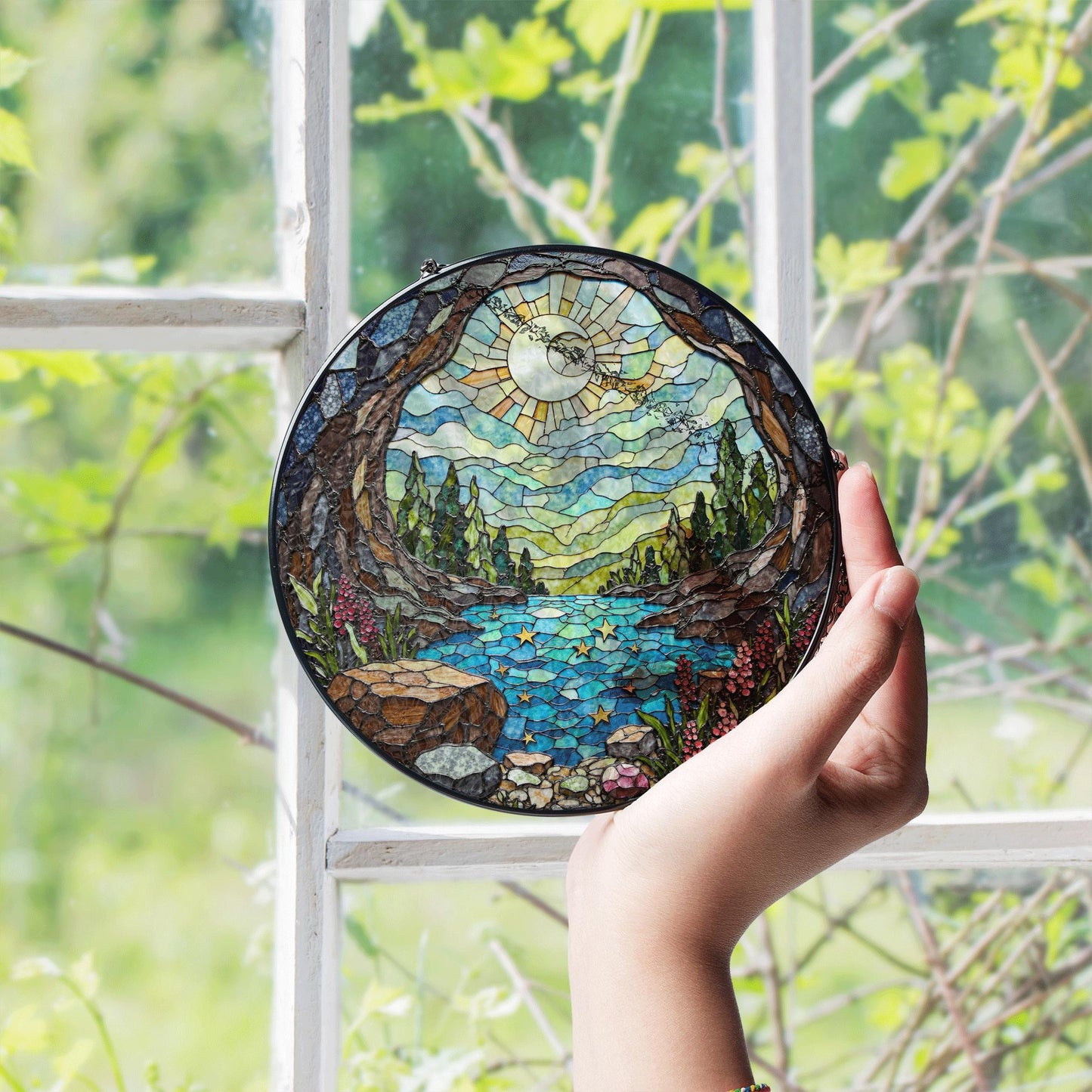 Moonlit forest river stained glass suncatcher landscape window decor gift for nature lover birthday or housewarming