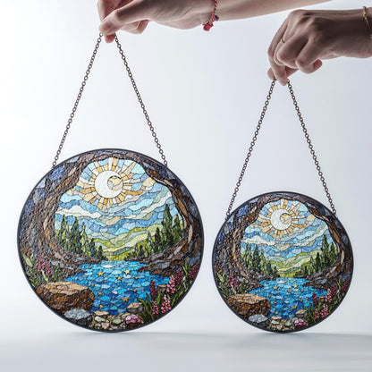 Moonlit forest river stained glass suncatcher landscape window decor gift for nature lover birthday or housewarming
