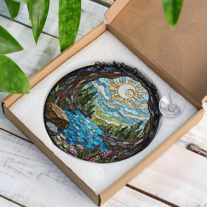 Moonlit forest river stained glass suncatcher landscape window decor gift for nature lover birthday or housewarming