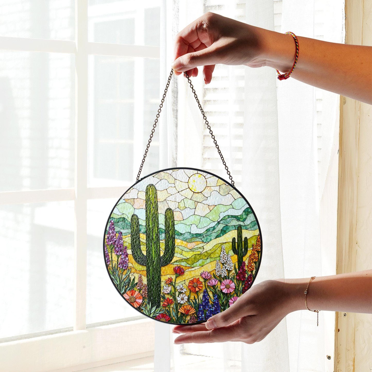 Colorful Desert Cactus Scene Round Suncatcher Window Hanging Southwest Decor Mothers Day Gift