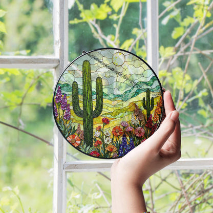 Colorful Desert Cactus Scene Round Suncatcher Window Hanging Southwest Decor Mothers Day Gift