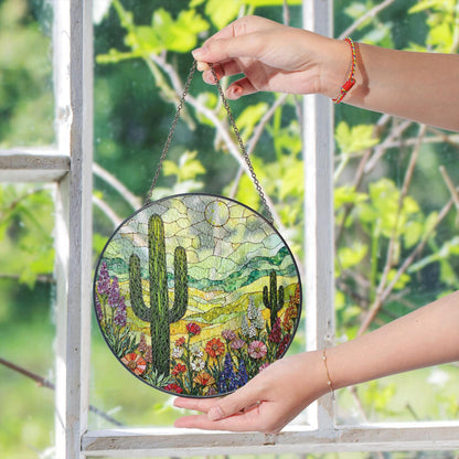 Colorful Desert Cactus Scene Round Suncatcher Window Hanging Southwest Decor Mothers Day Gift