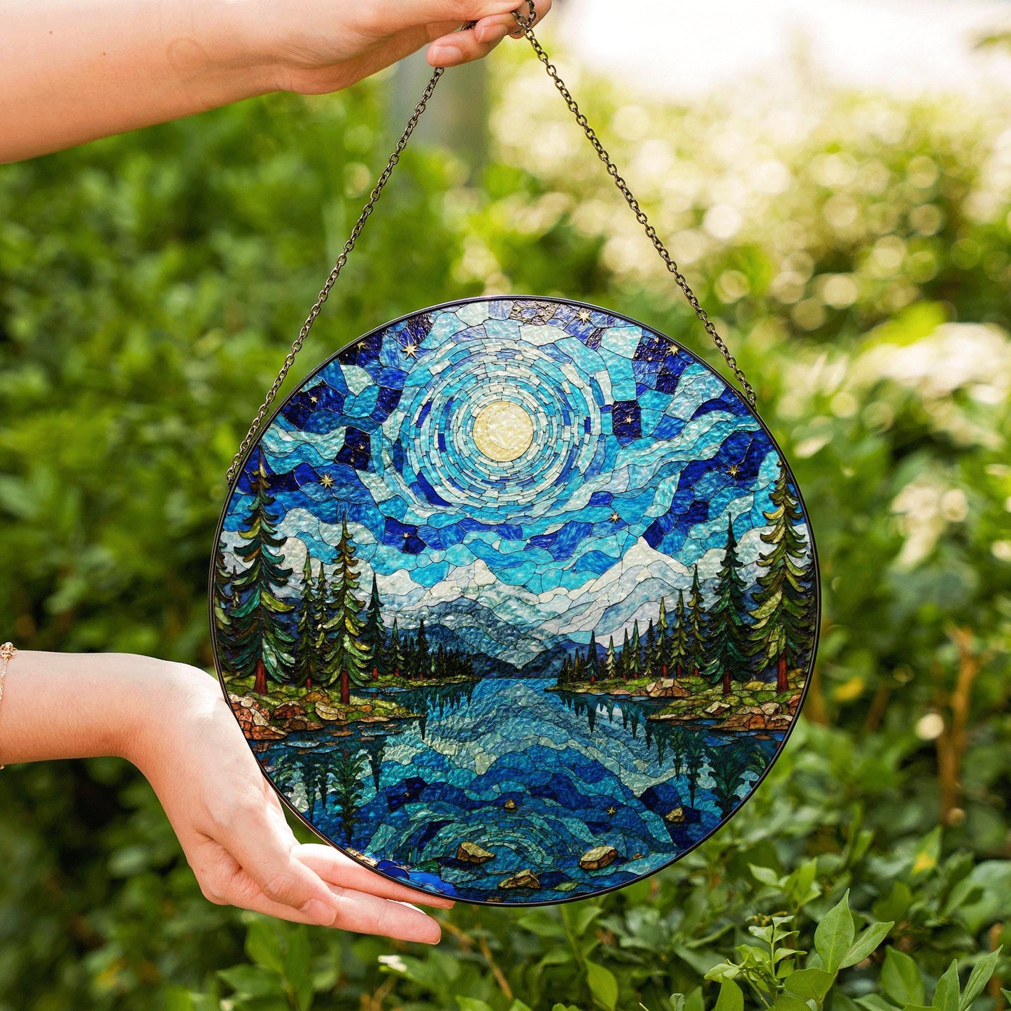 Moonlit lake forest stained glass suncatcher round window decor gift for nature lover or Christmas holiday