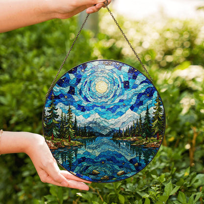 Moonlit lake forest stained glass suncatcher round window decor gift for nature lover or Christmas holiday