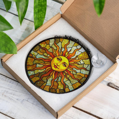 Radiant sun face stained glass suncatcher spiritual window decor unique mothers day gift
