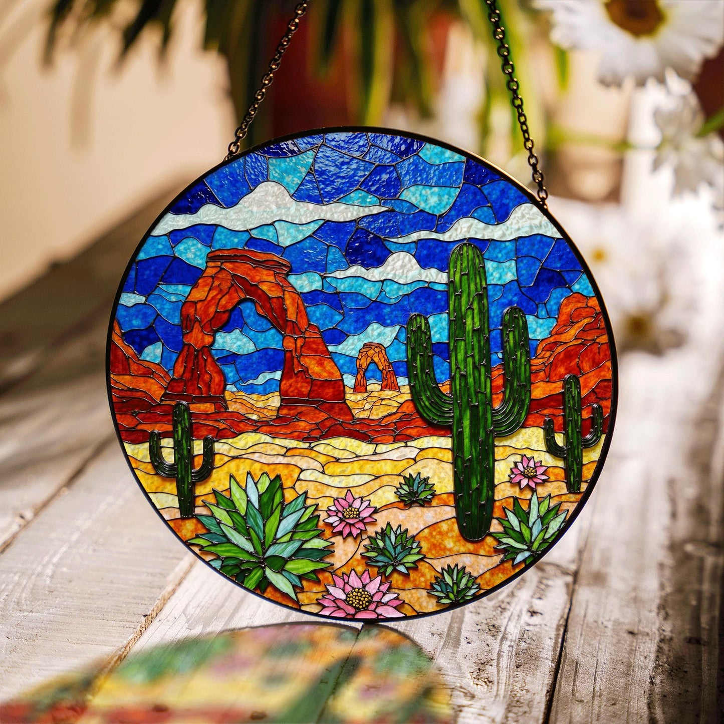 Desert cactus landscape suncatcher round stained glass window hanging for Southwest decor Mothers Day gift