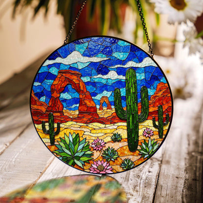 Desert cactus landscape suncatcher round stained glass window hanging for Southwest decor Mothers Day gift