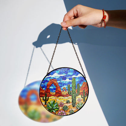 Desert cactus landscape suncatcher round stained glass window hanging for Southwest decor Mothers Day gift