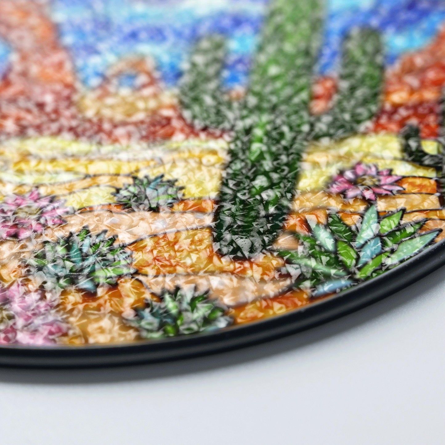 Desert cactus landscape suncatcher round stained glass window hanging for Southwest decor Mothers Day gift