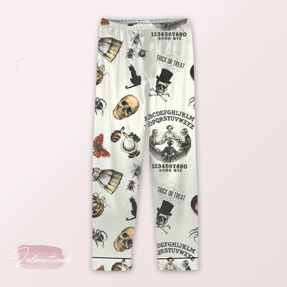 Trick Or Treat Vintage Halloween Pajama – Spooky Ouija-Inspired Satin Sleepwear with Skulls, Cats & Pumpkins