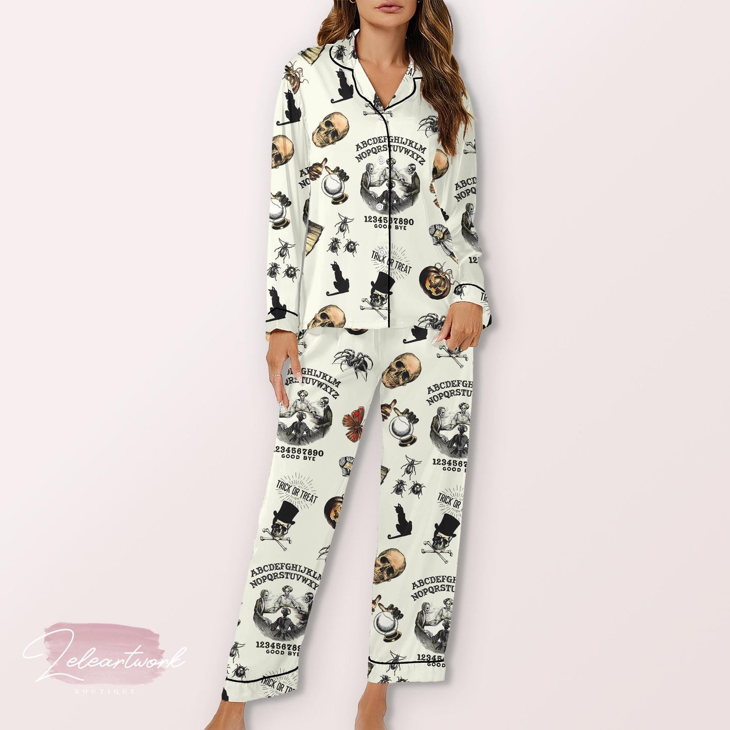 Trick Or Treat Vintage Halloween Pajama – Spooky Ouija-Inspired Satin Sleepwear with Skulls, Cats & Pumpkins