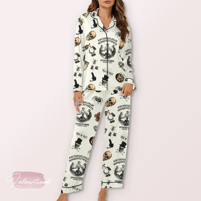 Trick Or Treat Vintage Halloween Pajama – Spooky Ouija-Inspired Satin Sleepwear with Skulls, Cats & Pumpkins