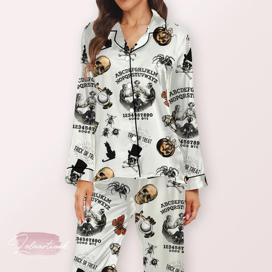 Trick Or Treat Vintage Halloween Pajama – Spooky Ouija-Inspired Satin Sleepwear with Skulls, Cats & Pumpkins